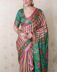 Pink Soft Tussar Silk Striped & Floral Printed Saree