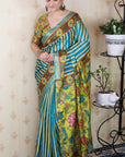 Blue Soft Tussar Silk Striped & Floral Printed Saree