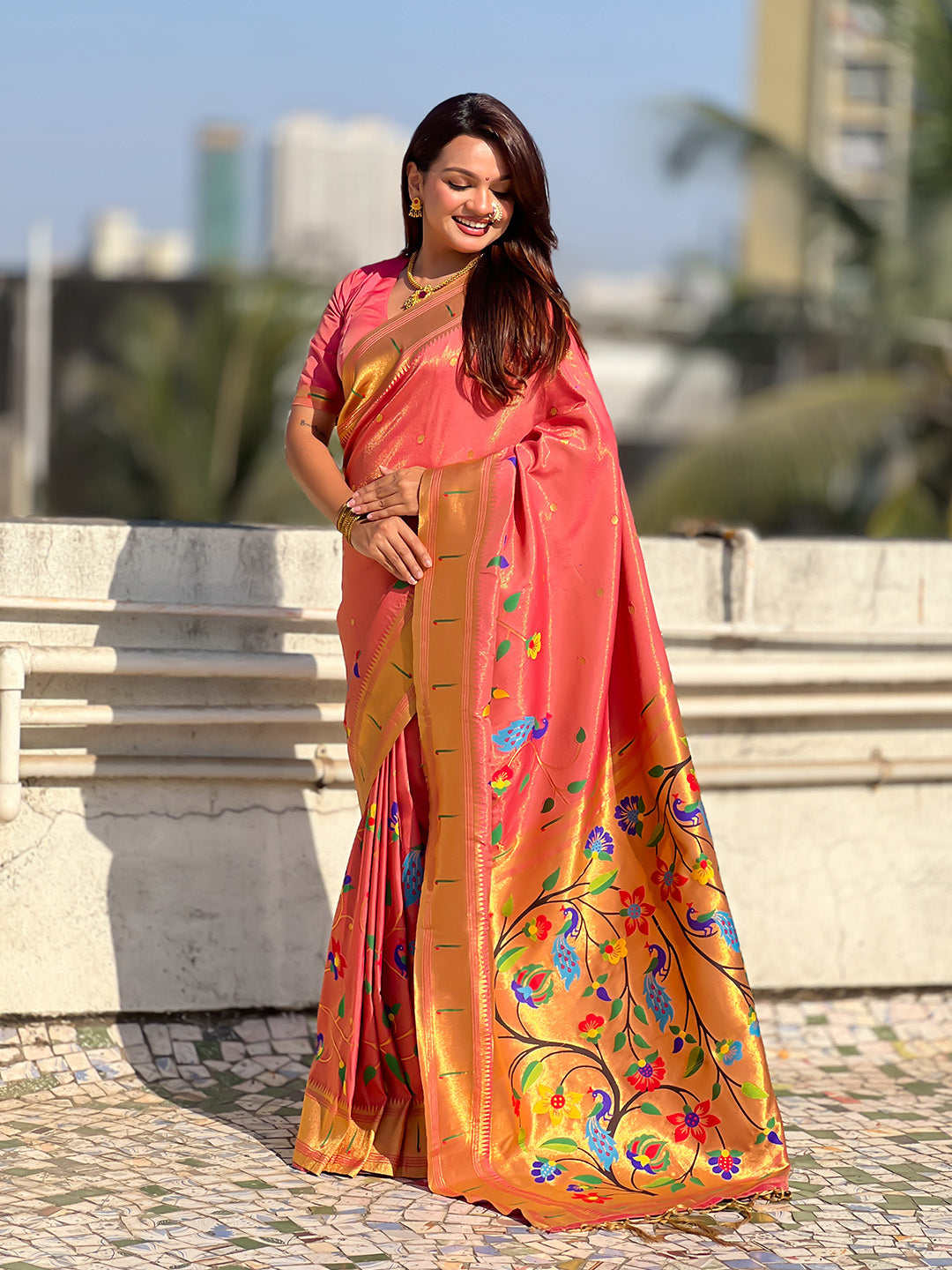 Pink Premium Bamboo Tissue Paithani Silk Zari Woven Meenakri Saree