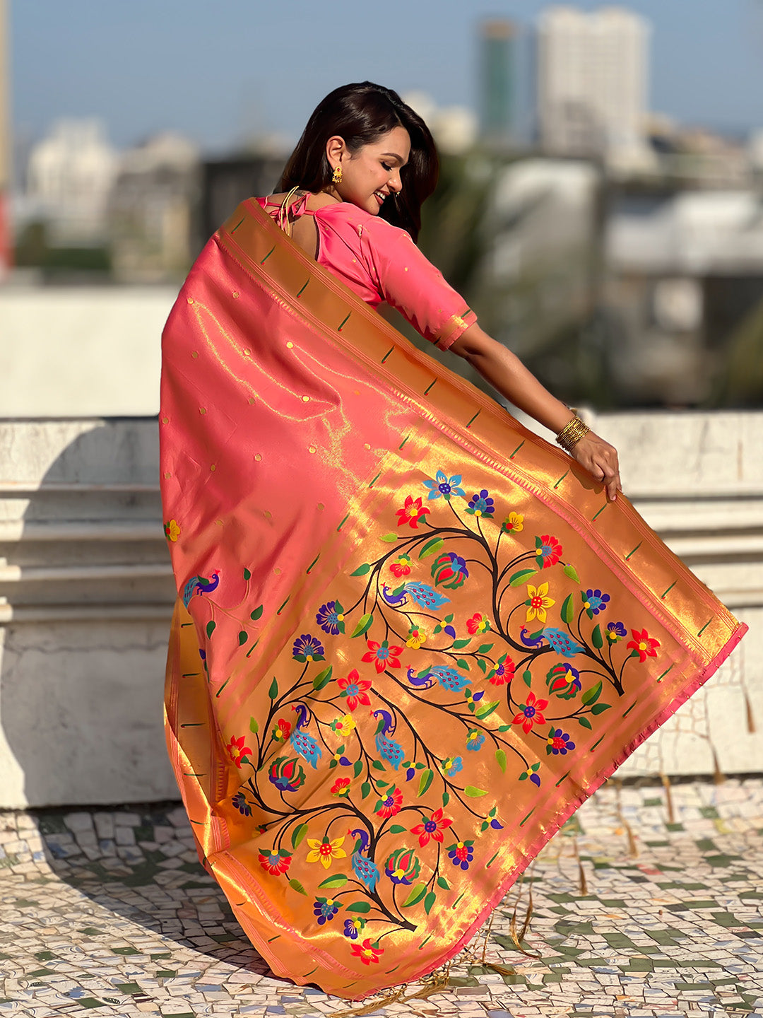Pink Premium Bamboo Tissue Paithani Silk Zari Woven Meenakri Saree