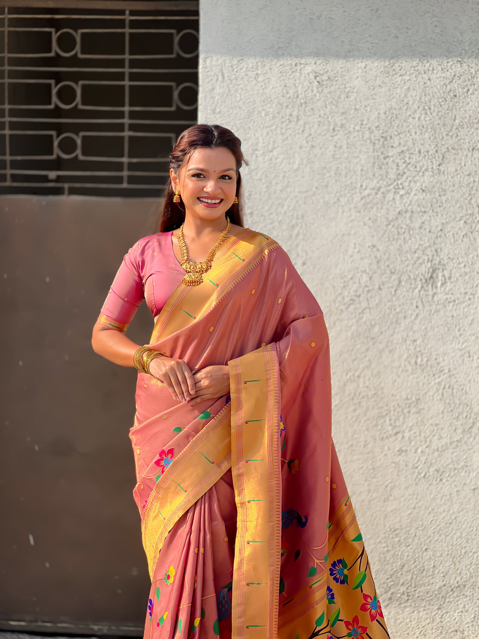 Wine Premium Bamboo Tissue Paithani Silk Zari Woven Meenakri Saree
