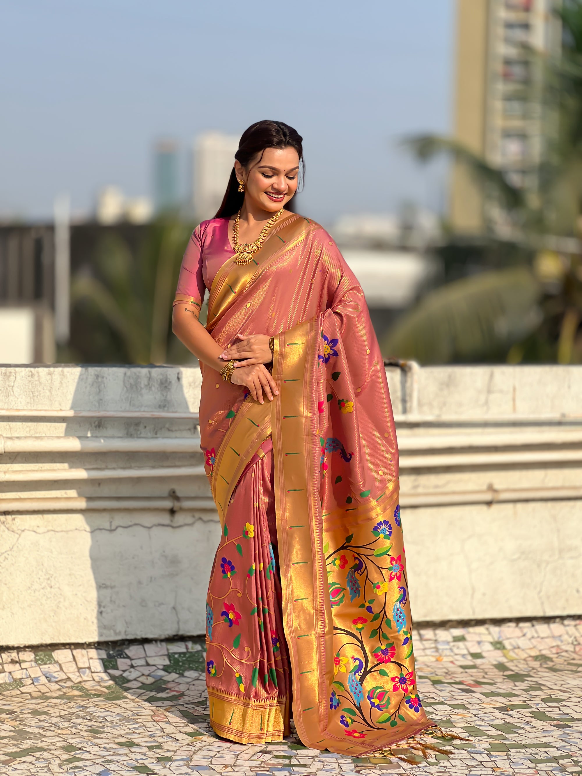 Wine Premium Bamboo Tissue Paithani Silk Zari Woven Meenakri Saree