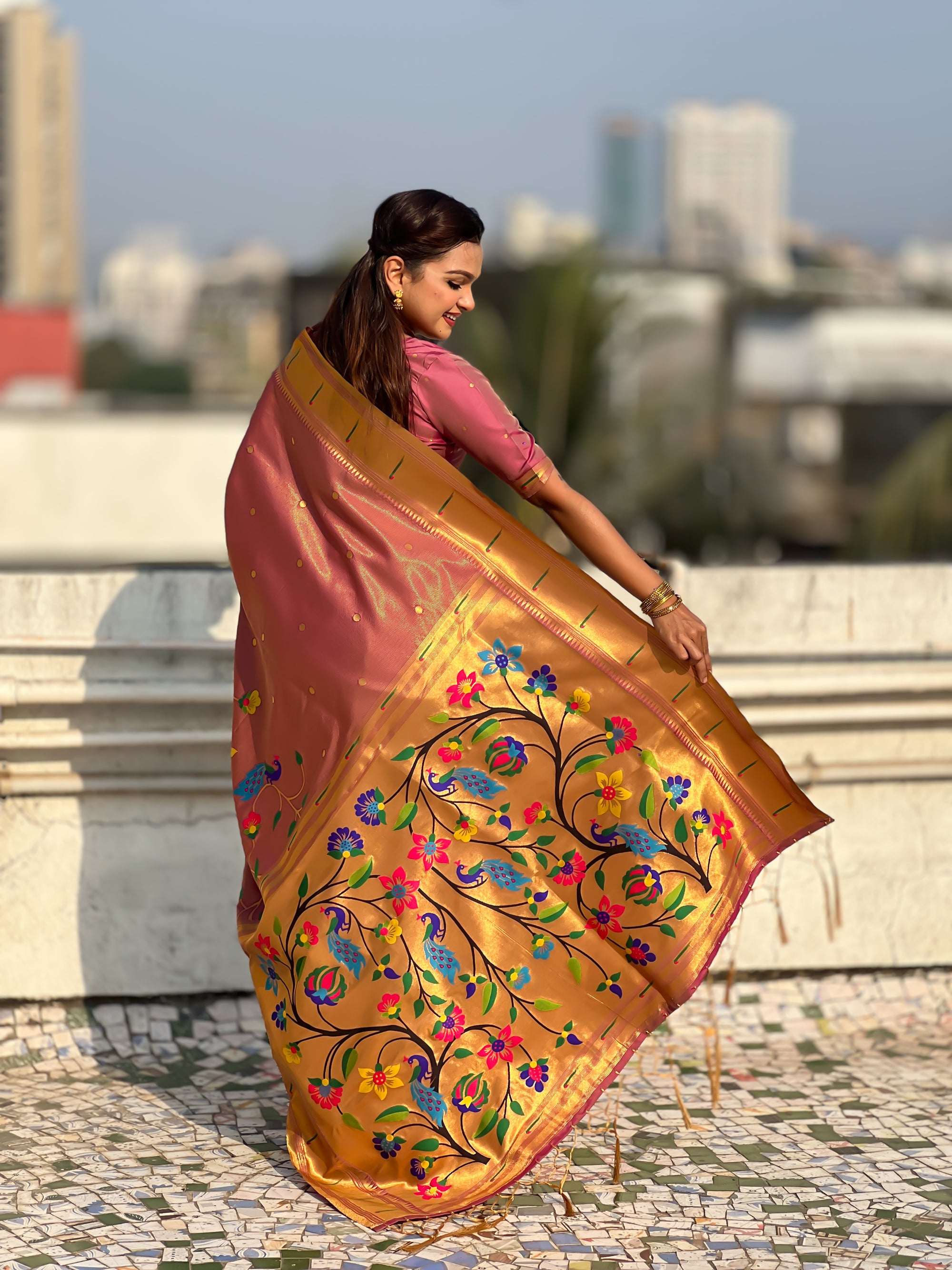 Wine Premium Bamboo Tissue Paithani Silk Zari Woven Meenakri Saree