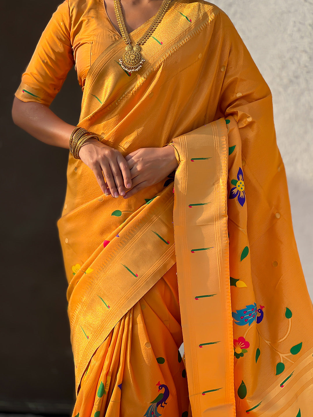 Mustard Yellow Premium Bamboo Tissue Paithani Silk Zari Woven Meenakri Saree