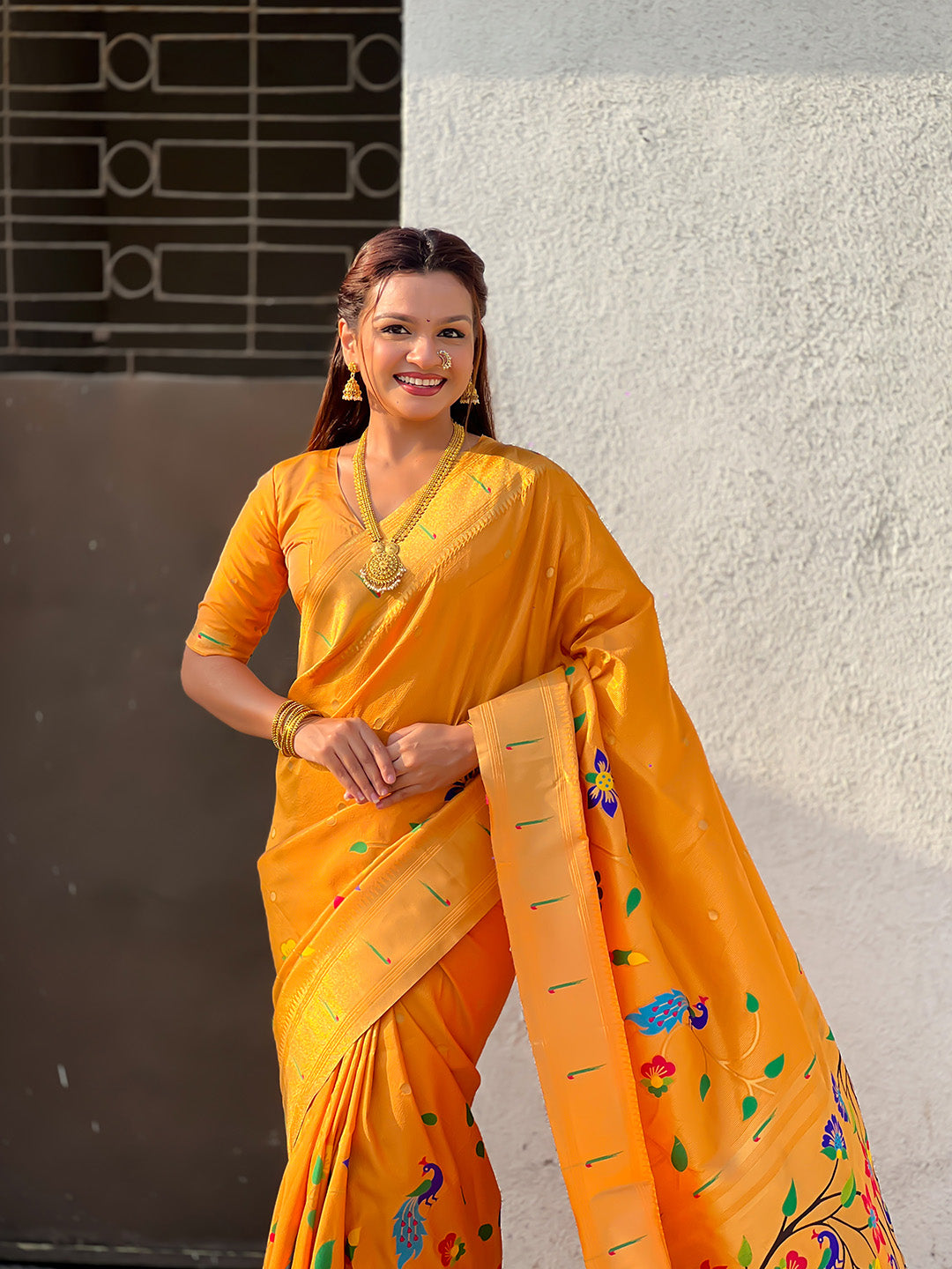 Mustard Yellow Premium Bamboo Tissue Paithani Silk Zari Woven Meenakri Saree