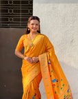 Mustard Yellow Premium Bamboo Tissue Paithani Silk Zari Woven Meenakri Saree