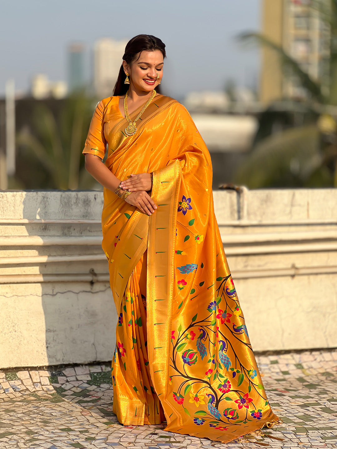 Mustard Yellow Premium Bamboo Tissue Paithani Silk Zari Woven Meenakri Saree