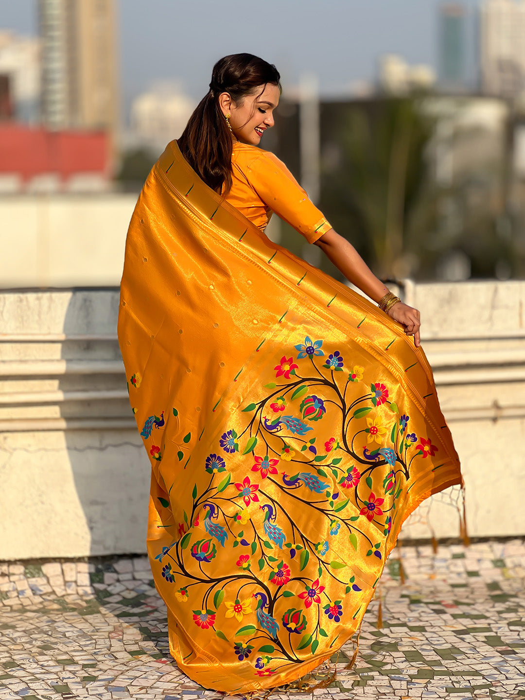 Mustard Yellow Premium Bamboo Tissue Paithani Silk Zari Woven Meenakri Saree