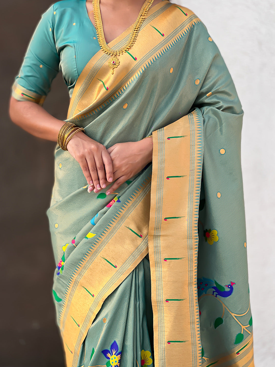 Blue Premium Bamboo Tissue Paithani Silk Zari Woven Meenakri Saree