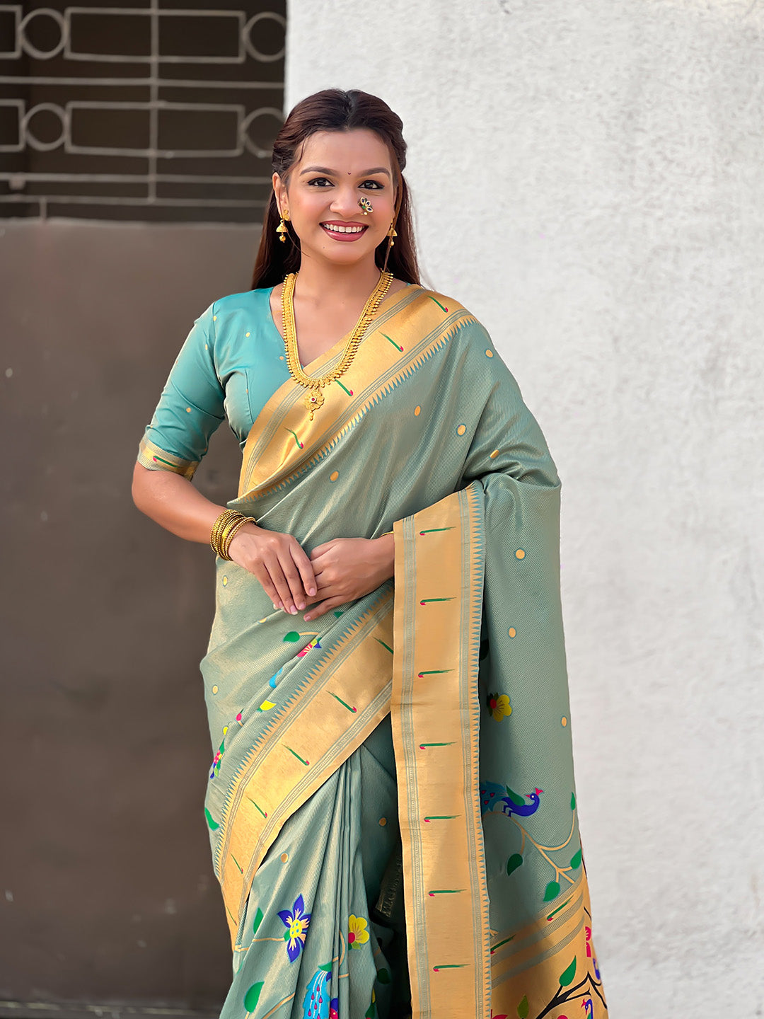 Blue Premium Bamboo Tissue Paithani Silk Zari Woven Meenakri Saree
