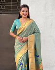 Blue Premium Bamboo Tissue Paithani Silk Zari Woven Meenakri Saree