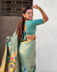 Blue Premium Bamboo Tissue Paithani Silk Zari Woven Meenakri Saree