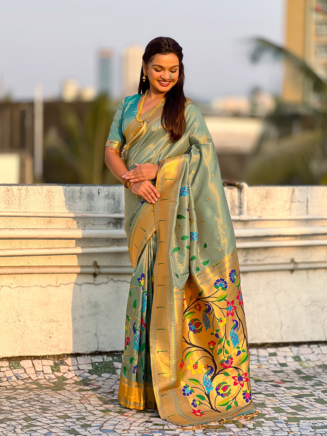 Blue Premium Bamboo Tissue Paithani Silk Zari Woven Meenakri Saree