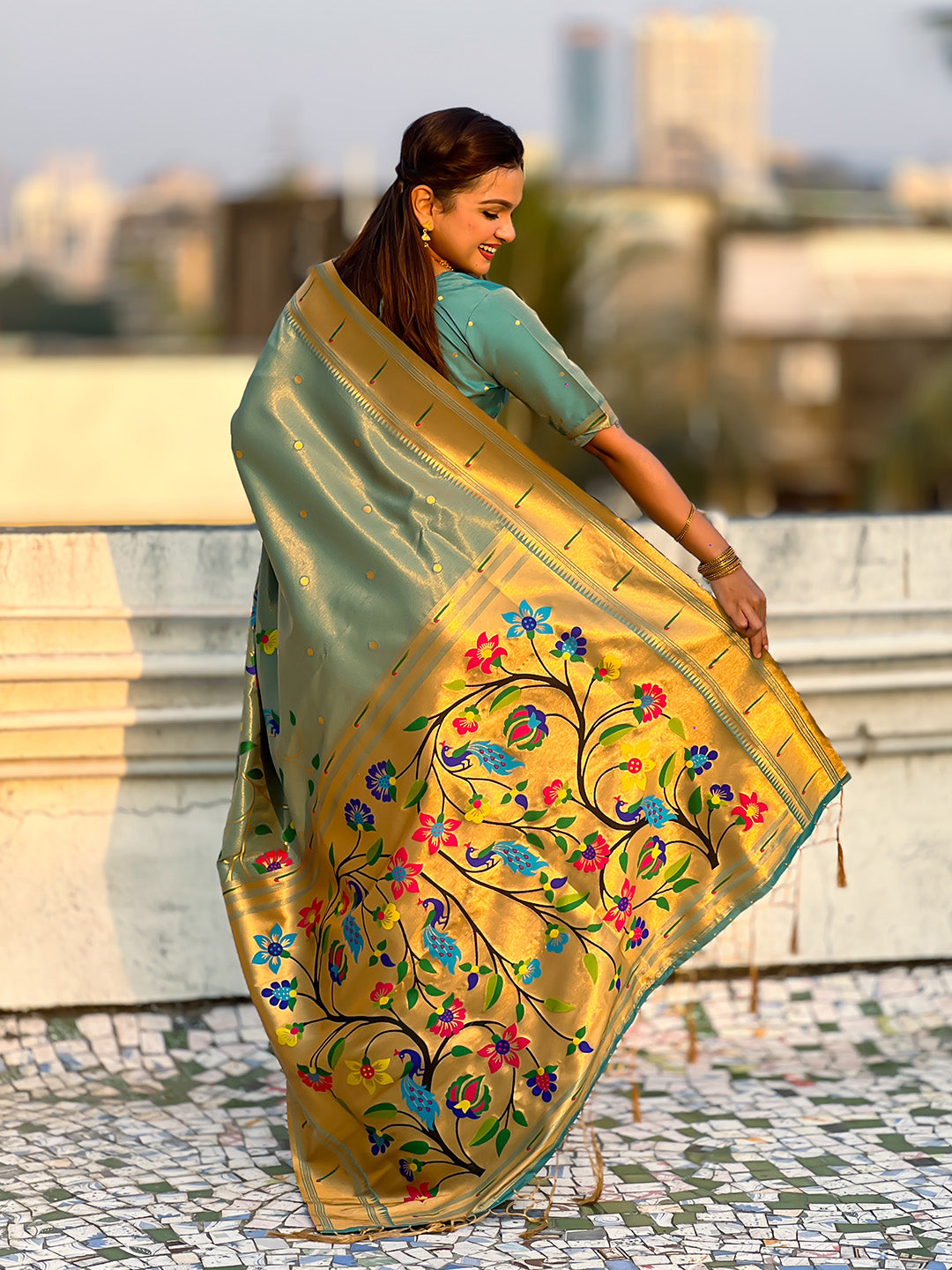 Blue Premium Bamboo Tissue Paithani Silk Zari Woven Meenakri Saree