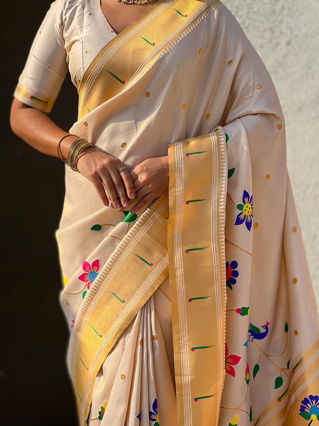 Cream Premium Bamboo Tissue Paithani Silk Zari Woven Meenakri Saree