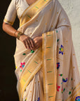 Cream Premium Bamboo Tissue Paithani Silk Zari Woven Meenakri Saree