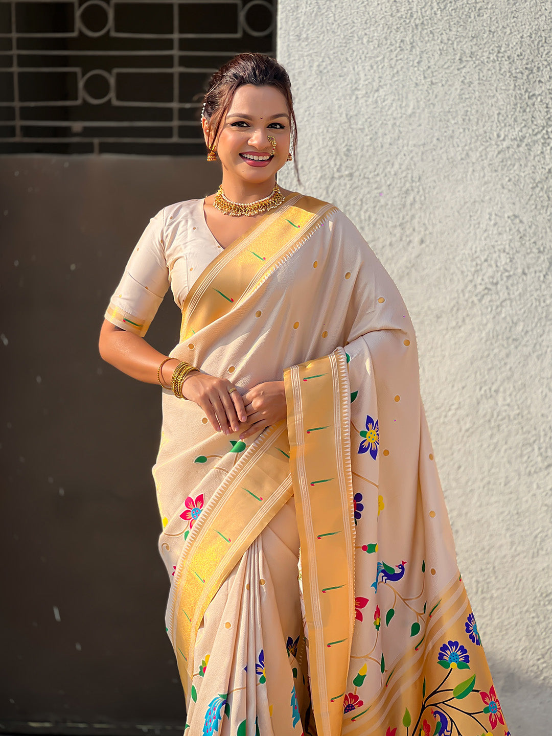 Cream Premium Bamboo Tissue Paithani Silk Zari Woven Meenakri Saree