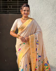 Cream Premium Bamboo Tissue Paithani Silk Zari Woven Meenakri Saree