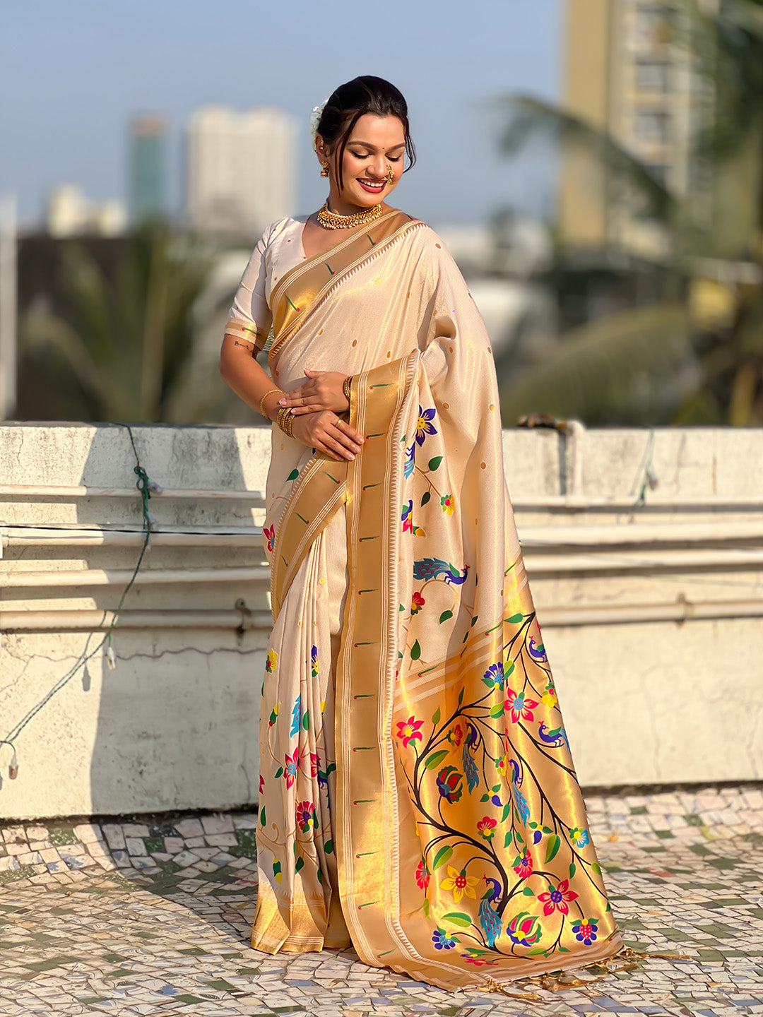 Cream Premium Bamboo Tissue Paithani Silk Zari Woven Meenakri Saree