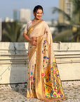 Cream Premium Bamboo Tissue Paithani Silk Zari Woven Meenakri Saree
