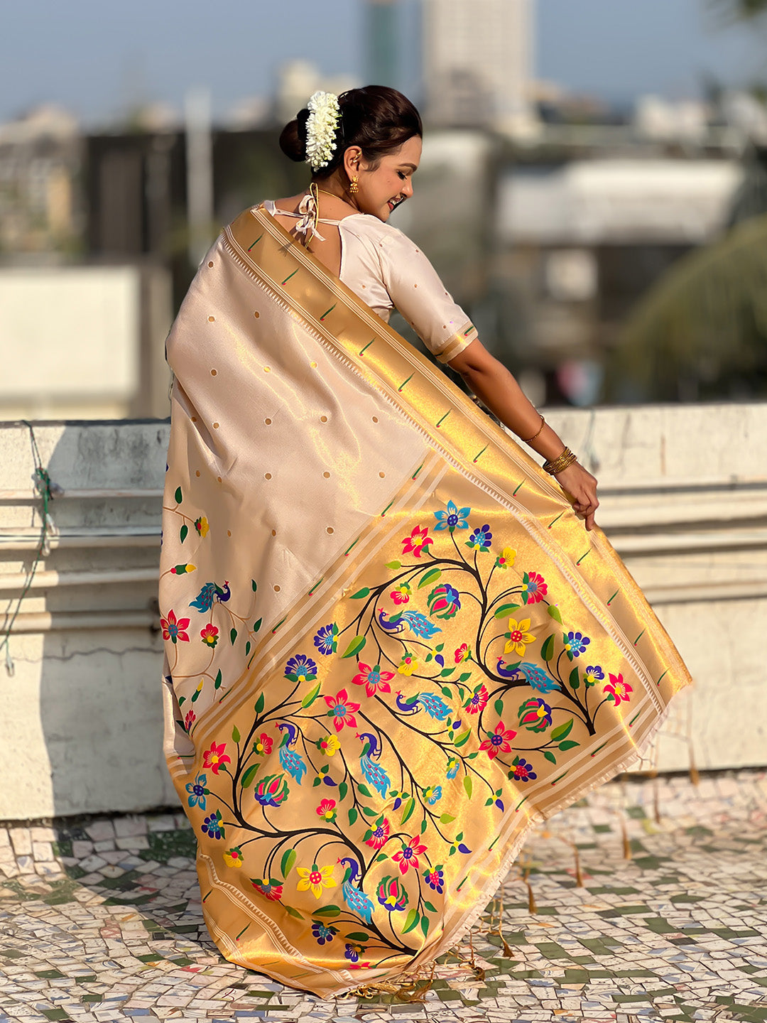 Cream Premium Bamboo Tissue Paithani Silk Zari Woven Meenakri Saree