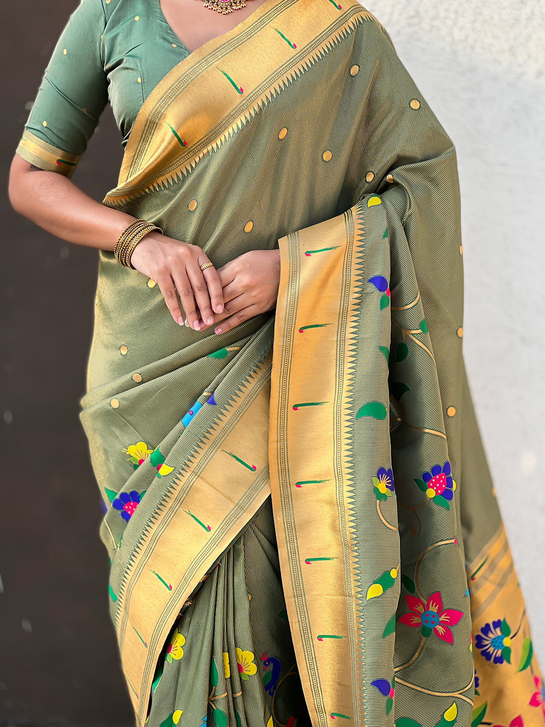 Mehendi Green Premium Bamboo Tissue Paithani Silk Zari Woven Meenakri Saree