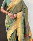 Mehendi Green Premium Bamboo Tissue Paithani Silk Zari Woven Meenakri Saree