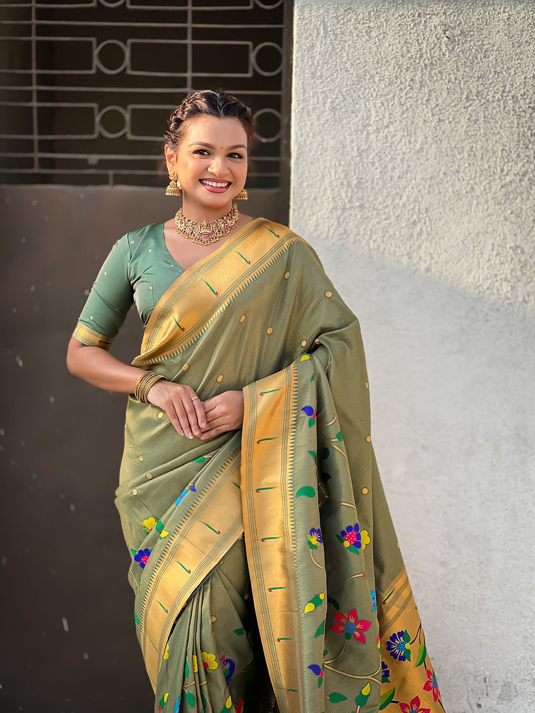 Mehendi Green Premium Bamboo Tissue Paithani Silk Zari Woven Meenakri Saree