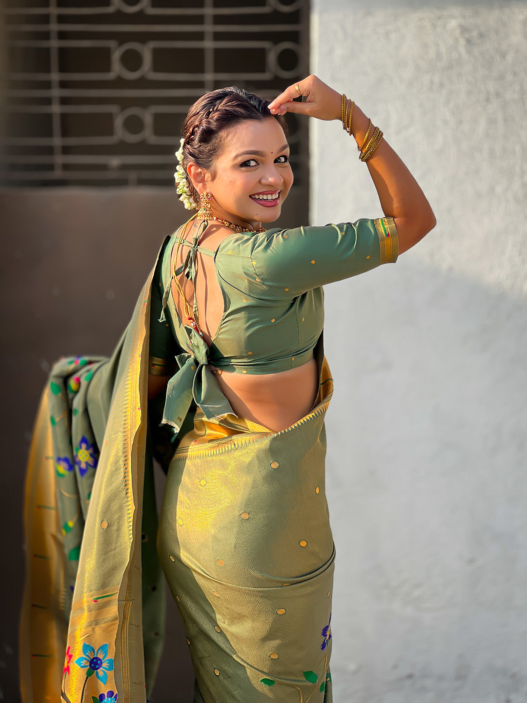 Mehendi Green Premium Bamboo Tissue Paithani Silk Zari Woven Meenakri Saree