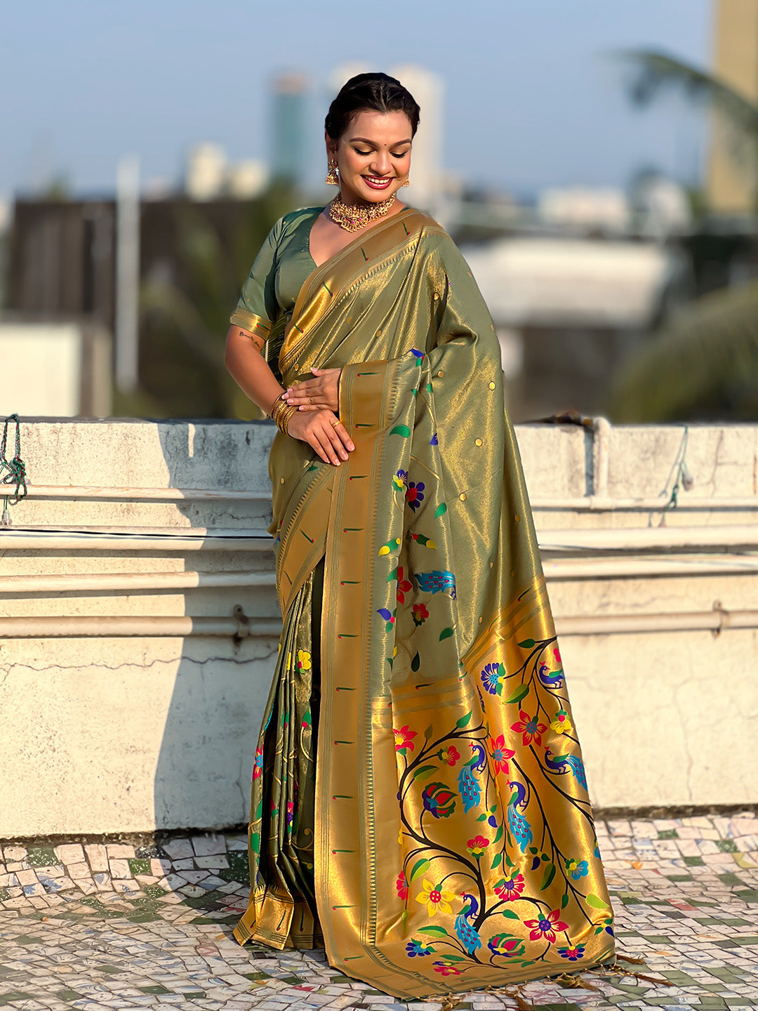 Mehendi Green Premium Bamboo Tissue Paithani Silk Zari Woven Meenakri Saree