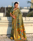 Mehendi Green Premium Bamboo Tissue Paithani Silk Zari Woven Meenakri Saree
