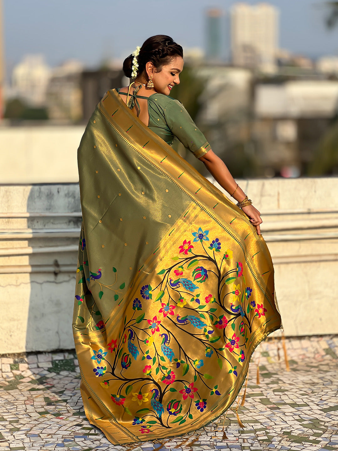 Mehendi Green Premium Bamboo Tissue Paithani Silk Zari Woven Meenakri Saree