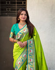 Parrot Green Rajhans(Swan) & Peacock Meenakari Paithani Silk Saree