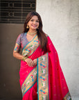 Rani Pink Rajhans(Swan) & Peacock Meenakari Paithani Silk Saree