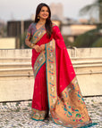 Rani Pink Rajhans(Swan) & Peacock Meenakari Paithani Silk Saree
