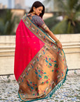 Rani Pink Rajhans(Swan) & Peacock Meenakari Paithani Silk Saree