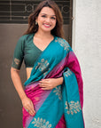 Pink Soft Silk Contrast Floral Border Zari Woven Saree