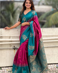 Pink Soft Silk Contrast Floral Border Zari Woven Saree