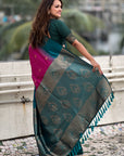 Pink Soft Silk Contrast Floral Border Zari Woven Saree