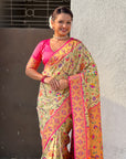Cream Soft Brocade Tissue Paithani Silk Zari Woven Saree