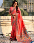 Peach Soft Silk Meenakari Madhubani Saree