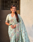 Sky Blue Soft Silk Meenakari Madhubani Saree