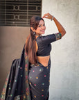 Black Soft Silk Meenakari Madhubani Saree