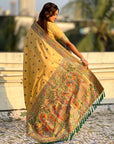 Light Yellow Soft Silk Meenakari Madhubani Saree