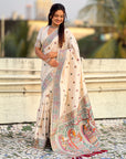 White Soft Silk Meenakari Madhubani Saree