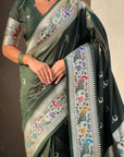 Bottle Green Soft Paithani Silk with Silver Zari Woven Saree