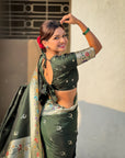 Bottle Green Soft Paithani Silk with Silver Zari Woven Saree