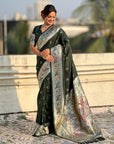 Bottle Green Soft Paithani Silk with Silver Zari Woven Saree
