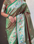 Mehendi Green (Red Tone) Soft Paithani Silk with Silver Zari Woven Saree
