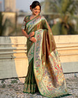Mehendi Green (Red Tone) Soft Paithani Silk with Silver Zari Woven Saree